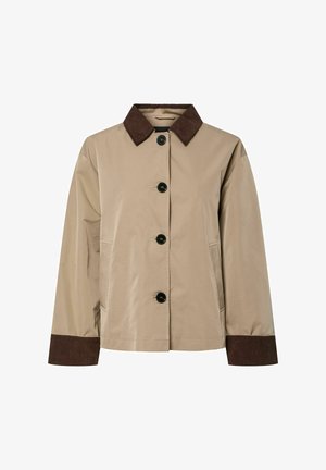 Beez žakk tumepruuni kangaga krae ja mansettidega, ees nööbiga kinnitamine ja küljetaskud.