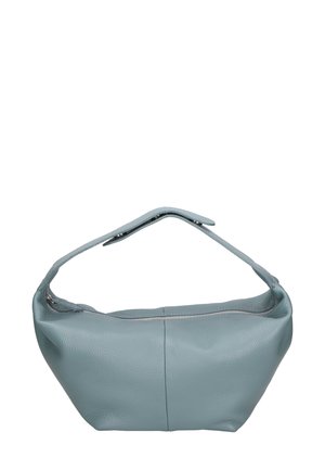 Un sac en cuir turquoise avec un extérieur doux et texturé, une forme courbée, une fermeture zippée et une large sangle pour le porter. Design simple, sans accents supplémentaires.
