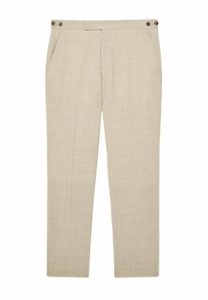 Beige, maßgeschneiderte Hose mit Vordertaschen, knöpfbaren Seitentaschen am Bund und schmalem, gerade geschnittenem Bein.