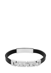 Bracciale in pelle nera con accenti in metallo argento e link rettangolari, con un elemento centrale testurizzato e una superficie liscia.