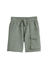 Grüne Baumwollmischungshorts mit einem elastischen Bund und Zugband. Mit Seitentaschen und einer großen Cargo-Tasche am rechten Bein.