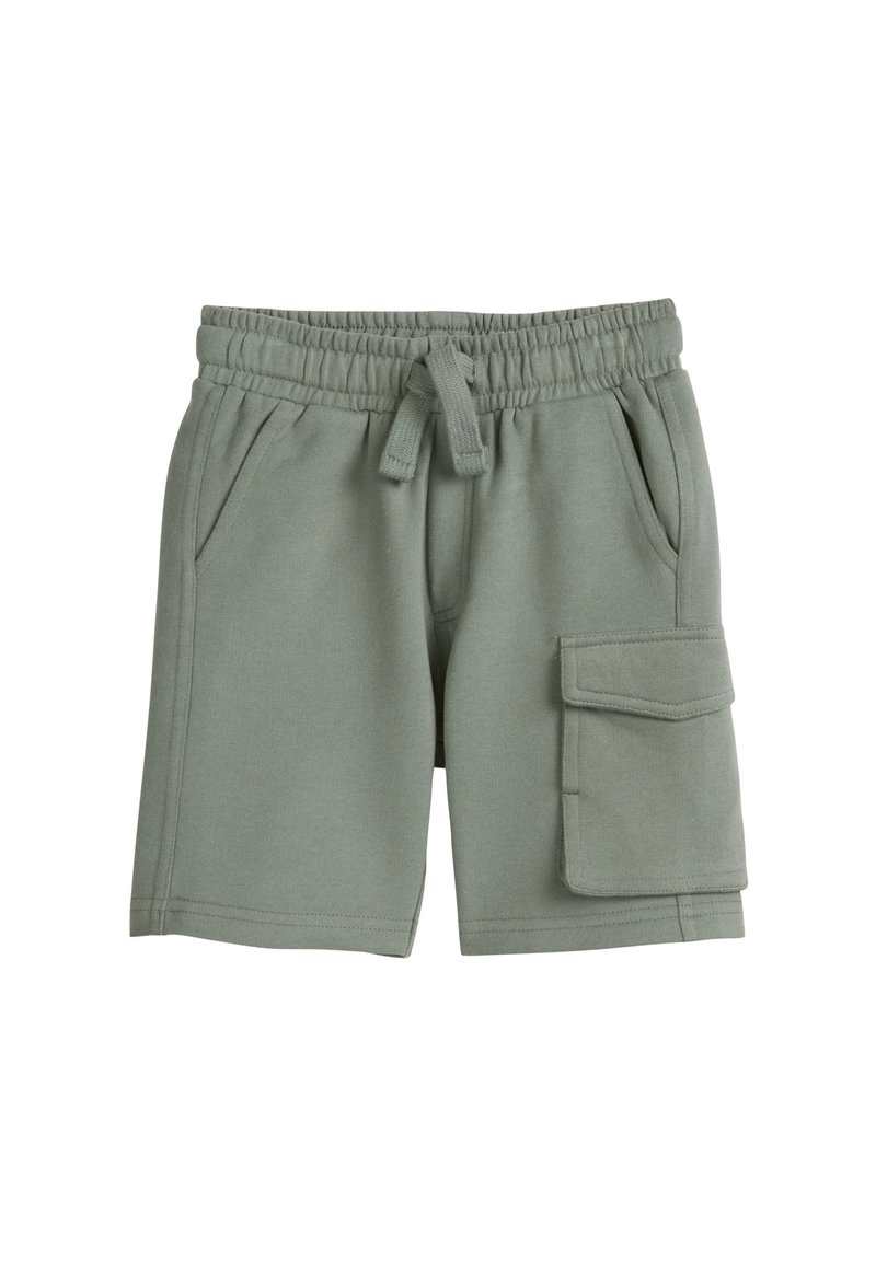 Grüne Baumwollmischungshorts mit einem elastischen Bund und Zugband. Mit Seitentaschen und einer großen Cargo-Tasche am rechten Bein.
