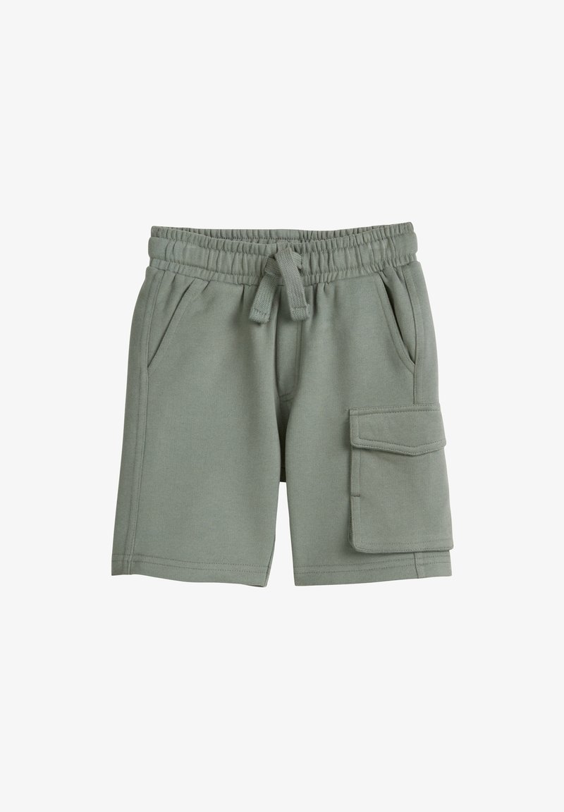 Grüne Baumwollmischungshorts mit einem elastischen Bund und Zugband. Mit Seitentaschen und einer großen Cargo-Tasche am rechten Bein.