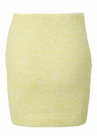 Jupe crayon en maille jaune douce avec une ceinture et un ourlet côtelés, présentant un motif texturé subtil.