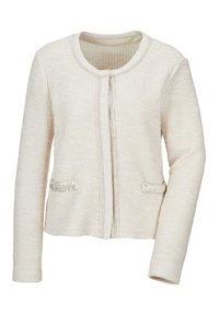 Helle, strukturierte Jacke mit Rundhalsausschnitt, Reißverschluss und zwei vorderen Taschen mit Paillettenakzenten. Lange Ärmel, taillierte Passform.