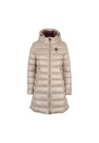 Parka beige imbottita con cappuccio, dotata di zip, tasche laterali e una toppa con logo sul petto. Tessuto liscio con design trapuntato.