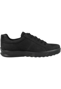 Schwarze Sneaker aus strukturiertem Leder, mit runder Zehenform, fünf Ösen für die Schnürung und einer gemusterten Gummisohle.
