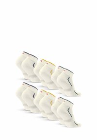 Conjunto de calcetines blancos hasta el tobillo con puños acanalados en azul marino, verde y amarillo, con un discreto detalle de rayas a lo largo de los lados.