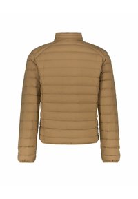 Giacca a vento marrone, design trapuntato con colletto alto, maniche lunghe e polsini elasticizzati. Tessuto morbido, leggero e isolante.