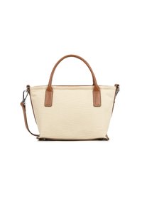 Borsa in tela di colore crema con dettagli in pelle marrone, dotata di due manici e una tracolla regolabile. Forma rettangolare con base strutturata.