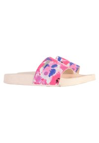 Bloemen-slide sandalen met een patroon in roze, blauw en wit. Voorzien van twee brede banden, een gestructureerde beige zool en glad synthetisch materiaal.