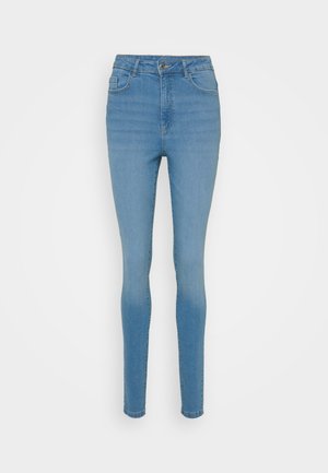 Dunne blauwe denim jeans met een hoge taille, voorzakken en een ritssluiting. Bevat een lichte vervaging en stikseldetails langs de naden.