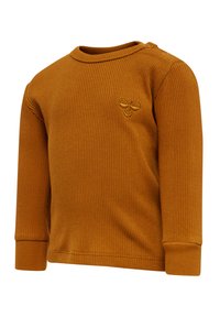 Langarm-Rippoberteil in verbranntem Orange, mit rundem Ausschnitt und einer kleinen Bienenstickerei auf der Brust. Weicher Stoff mit strukturiertem Finish.