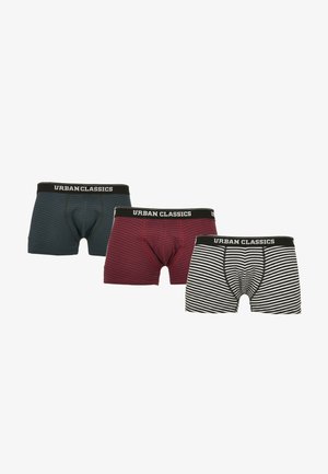 Három pár Urban Classics boxer alsónadrág. Színek: sötét türkiz, bordó és fekete/fehér csíkos. Puha anyag, rugalmas derékrésszel.