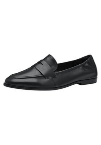 Black leather loafers with a rounded toe, featuring a front strap detail and flat sole. Smooth texture and sleek design.