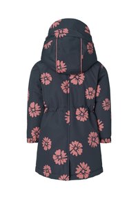 Blå blommig jacka med rosa blommönster, som har huva, elastisk midja och långa ärmar. Tillverkad av texturerat, väderresistent material.