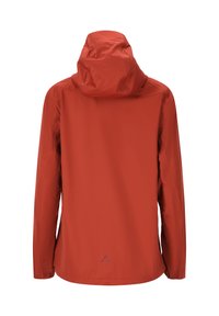 Röd lättviktsjacka med huva, slät yta, elastiska muddarna och en liten logotyp på nedre delen av ryggen. Inga synliga knäppningar eller fickor.