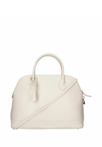 Gestructureerde handtas van crème leer met dubbele handvatten aan de bovenkant en een afneembare schouderriem. Beschikt over een soepele textuur en een ritsafsluiting met hardware-accenten.