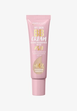 Tubo di crema BB My Skin di Bellaoggi in rosa con dichiarazioni di riparazione per 24 ore, acido ialuronico, burro di karitè, SPF 20 e un boost immediato di idratazione del 44%.