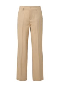 Beige, wijde broek met een streeppatroon. Gemaakt van een gladde stof, voorzien van een knoopsluiting en riemlussen.