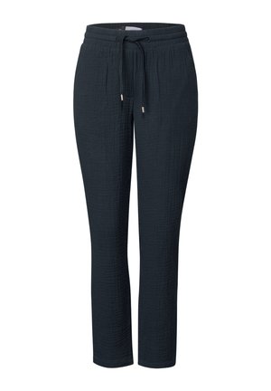 Pantaloni jogger leggeri di colore blu scuro, con tessuto testurizzato, vita elasticizzata, chiusura con coulisse e design a gamba dritta.