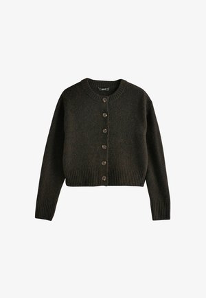 Mörk ullcardigan med rund halsringning, 7 knappar fram, ribbad nederkant och långa ärmar. Strukturerad stickning med en kortad design.