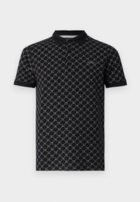 Polo noir à manches courtes avec motif géométrique de maillons de chaîne, col boutonné et petit logo "JOOP!" sur la poitrine.