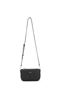 Borsa a tracolla nera in pelle testurizzata, con chiusura a zip, hardware in oro rosa e tracolla regolabile. Design semplice e raffinato.