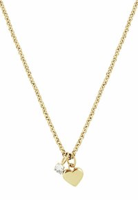 Collana in oro con ciondolo a forma di cuore e piccolo charm in pietra trasparente, che presenta una superficie liscia e una leggera lucentezza.