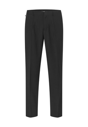 Pantaloni neri su misura dal design elegante, con pieghe frontali, gambe dritte e una texture liscia. Hardware minimale e nessun motivo visibile.