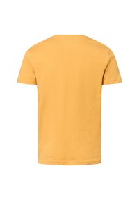 Geel katoenen t-shirt, korte mouwen, ronde hals, effen kleur, zachte textuur, rechte zoom, geen grafische afbeeldingen of versieringen.