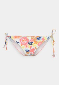 Parte de baixo de biquíni floral em tons pastéis com detalhes em rosa, azul e amarelo. Apresenta fechos laterais amarráveis e uma textura de tecido suave.