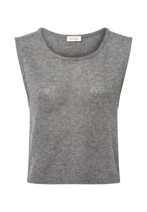 Top sin mangas gris fabricado con un suave tejido de punto. Presenta un cuello redondo y un dobladillo recto, con una textura lisa en toda su superficie.