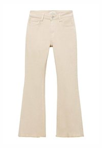 Light beige flared jeans made of cotton blend, featuring a high waist, front pockets, and raw hem detailing. Classic five-pocket design.