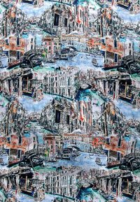 Geweven stof met een kleurrijke waterwegscène met gebouwen, boten en bruggen in tinten blauw, oranje en grijs.