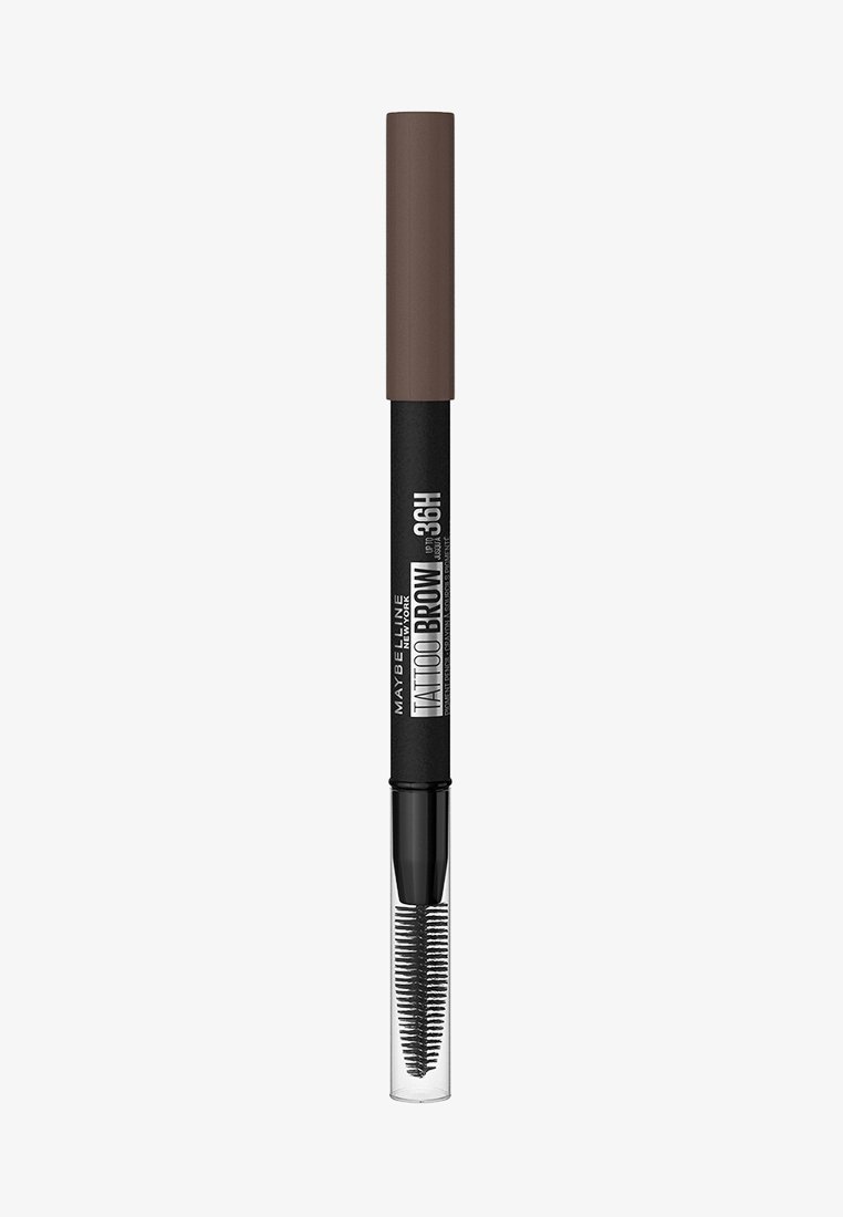 Dual-ended eyebrow pencil with a brown cap on one end and a clear cap covering a spoolie brush on the other, labeled "Maybelline Tattoo Brow 36H".