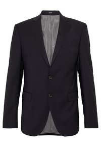 Donkerblauw blazer met een two-button sluiting, gesneden revers, enkele borstzak en zijzakken. Binnenvoering van grijze stof.