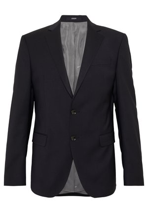 Dunkelblauer Blazer mit zwei Knöpfen, Reverskragen, einer Brusttasche und seitlichen Taschen. Innenfutter aus grauem Stoff.
