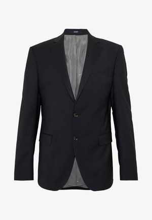 Dunkelblauer Blazer mit zwei Knöpfen, Reverskragen, einer Brusttasche und seitlichen Taschen. Innenfutter aus grauem Stoff.