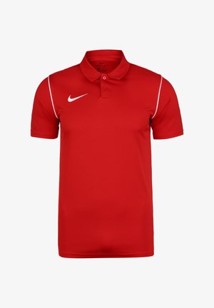 Rode Nike Dri-FIT polo-shirt, met een drie-knopen sluiting, witte accenten langs de schouders en een gladde, ademende stof.