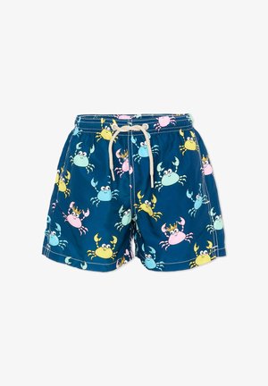 Granatowe spodenki kąpielowe z kolorowym wzorem z kreskówkowych krabów w kolorach różowym, żółtym, jasnoniebieskim i zielonym, wyposażone w ściągacz na sznurek.