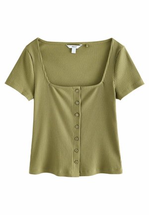 Chemise côtelée vert olive à manches courtes, encolure carrée et fermeture boutonnée à l'avant.