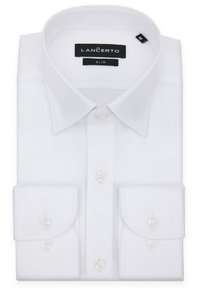 Biała, dopasowana koszula z gładkiego materiału, z kołnierzykiem zapinanym na guziki oraz mankietami zapinanymi na dwa guziki z przezroczystymi guzikami. Metka: LANÇERTO.