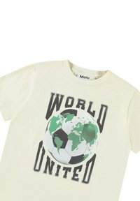 Vaaleanvaalea t-paita, jossa on graafinen kuva maapallosta jalkapallon päällä, ja jossa on musta ja vihreä "WORLD UNITED" -teksti.