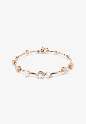 Roségold-Armband mit runden Perlen, klaren Edelsteinen und einem glatten, geschwungenen Design. Inklusive Karabinerverschluss und dekorativen Akzenten.