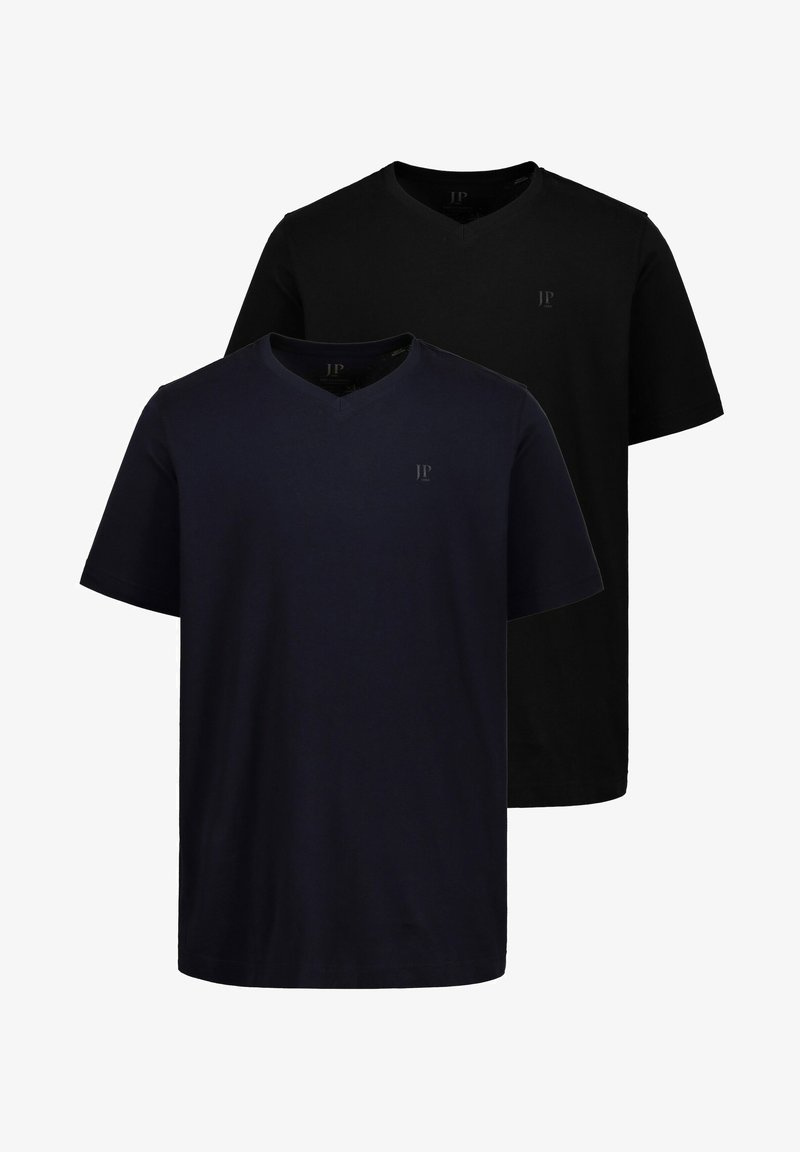Due magliette a maniche corte a collo a V: una blu navy e una nera. Materiale morbido in cotone. Dettagli del logo discreti nell'area del petto.