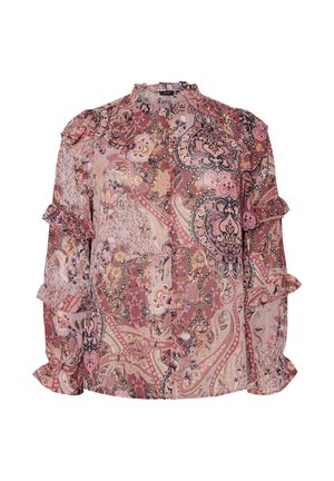 Blouse à manches longues rose et mauve avec motif cachemire, détails volantés aux épaules et aux manches, et col montant.