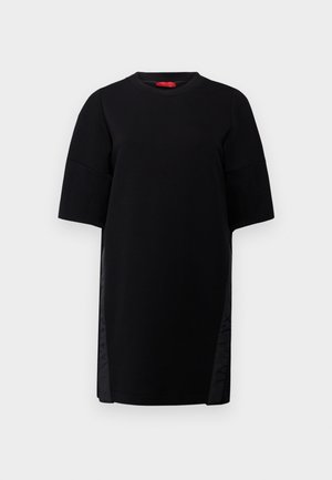 Black dress with short sleeves, round neckline, and satin accents on the sides. Made of smooth fabric, offering a relaxed fit and contemporary design.