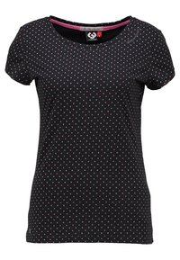 Czarny, dopasowany t-shirt z krótkim rękawem, w małe różowe i białe kropki, z okrągłym dekoltem.