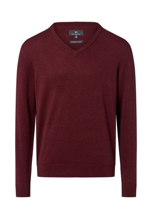Bordeauxfarbener Bio-Baumwollpullover mit V-Ausschnitt, langen Ärmeln, gerippten Bündchen und Saum. Weiche, glatte Textur mit einer taillierten Passform.